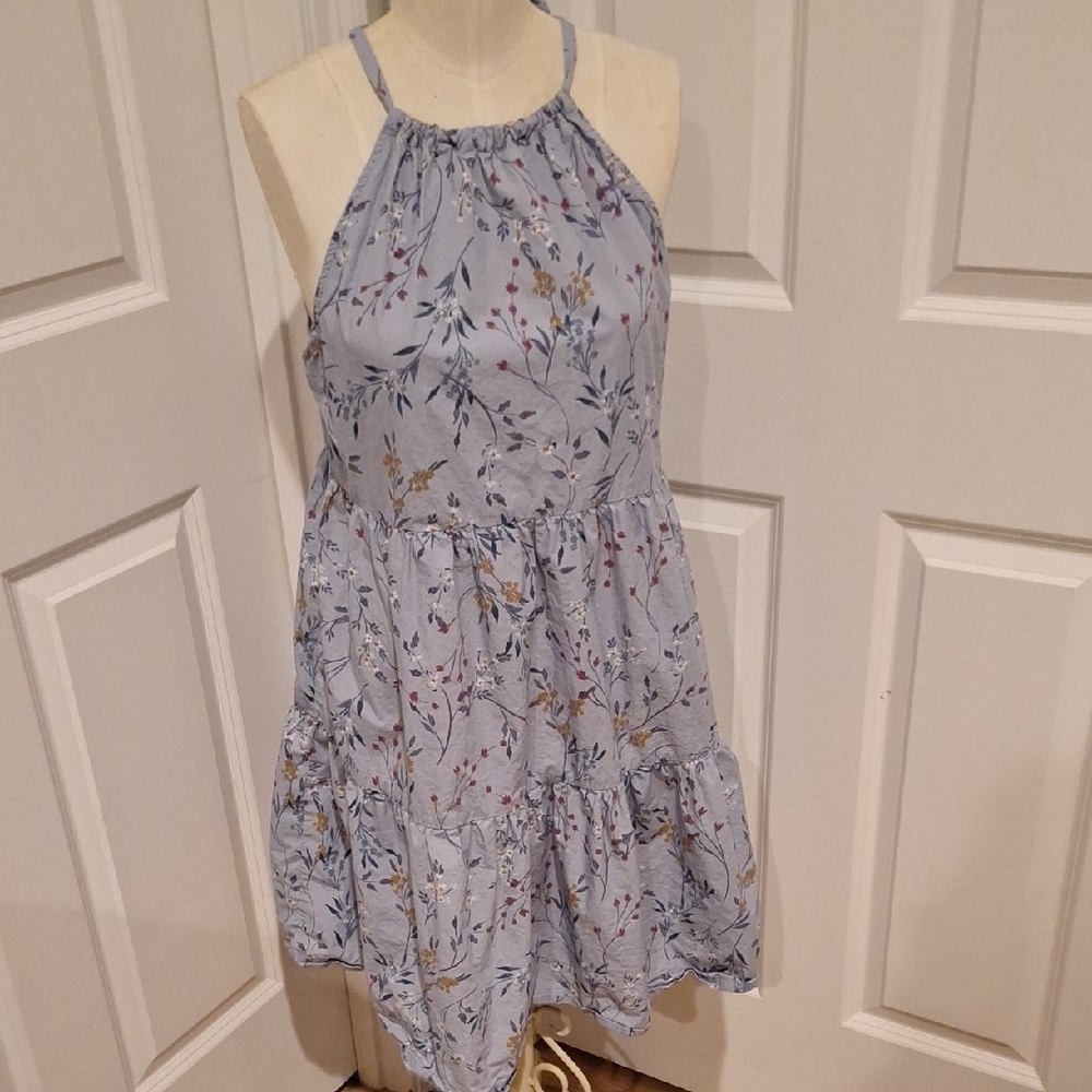 Gray Blue Floral Halter Party Summer‎ Dress Knee Length Sz Med Ruffled